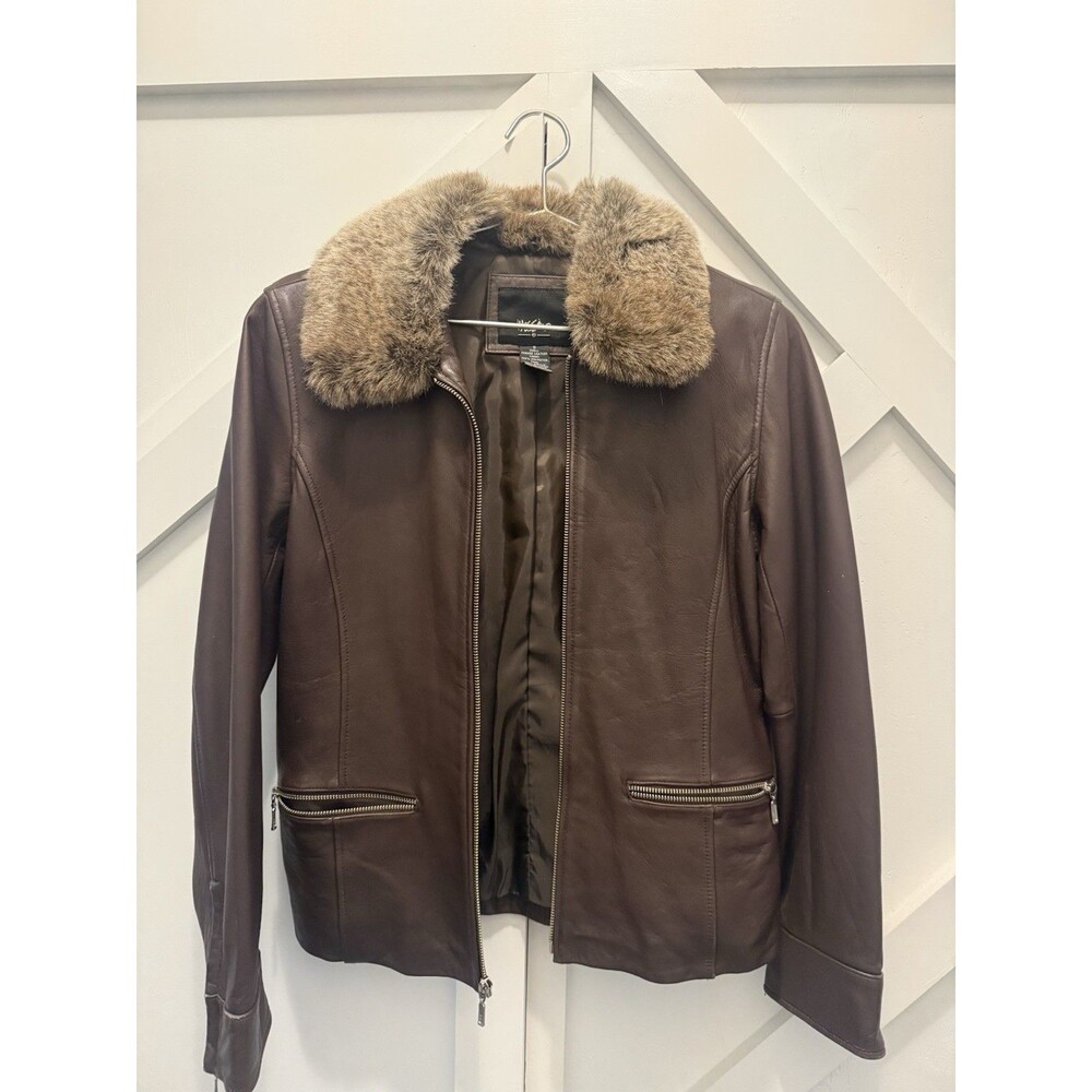 Vintage Mossimo Women's Brown Genuine Leather Jacket Faux Fur Collar Full Zip S